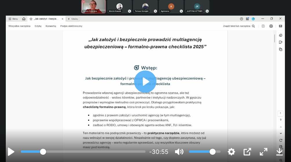 Nagranie z Live - Jak założyć i bezpiecznie prowadzić multiagencję ubezpieczeniową - Dorota Sztandara 